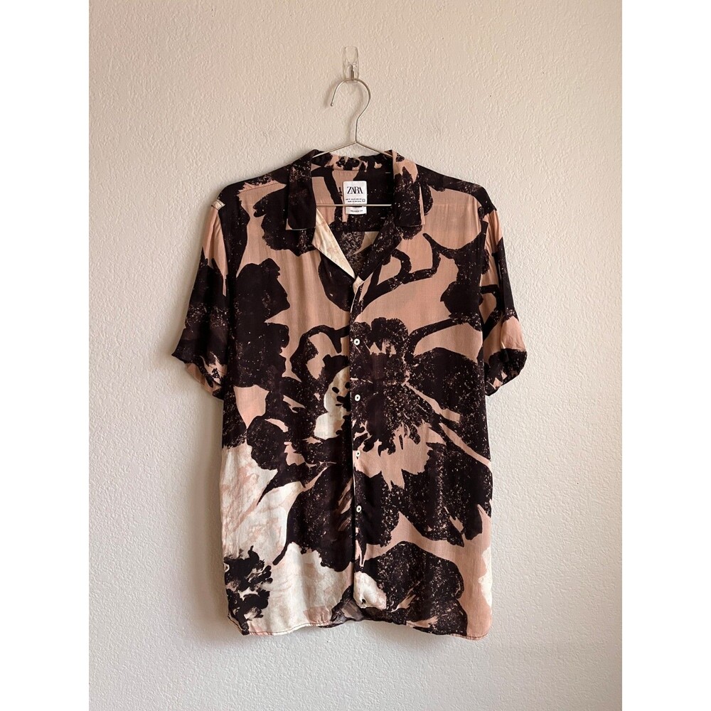 Zara Men's Relaxed Floral Button Down Shirt in Dusty Rose/Black Size MEDIUM